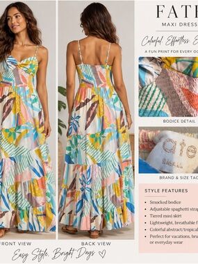 Fate Multicolor Abstract Print Smocked Maxi Dress SZ Small